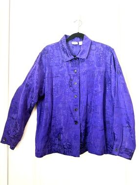 Chico's Royal Purple Linen and Silk Button-Front Jacket shirt size 3